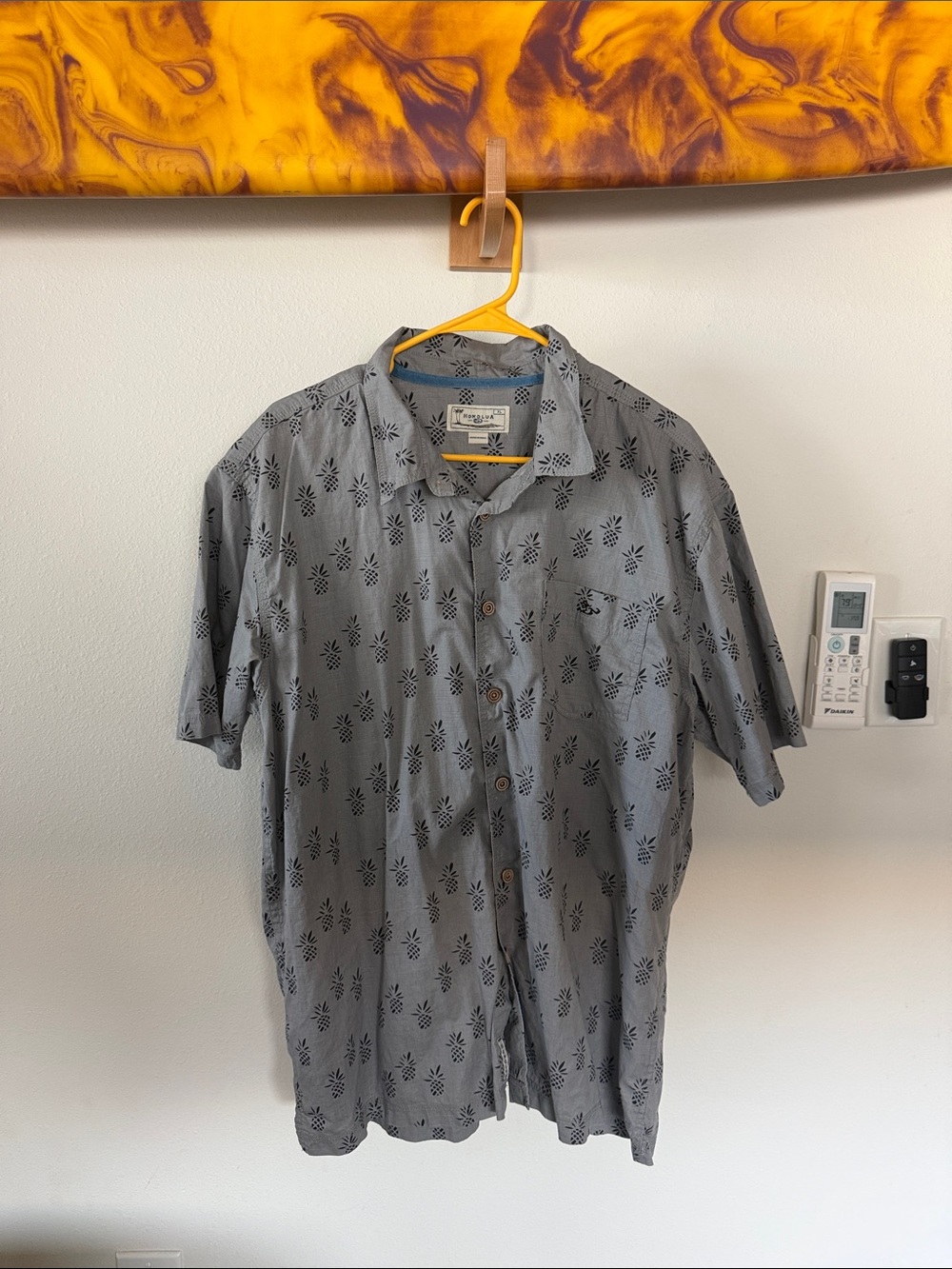 Honolua Surf Co men’s button up grey pineapple print
